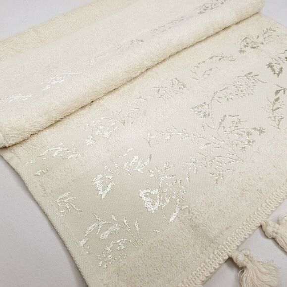 NEW Hand Fingertip Towel Set 6pc Floral Leaf Embroidered Tassels Cream Green - Picture 6 of 8